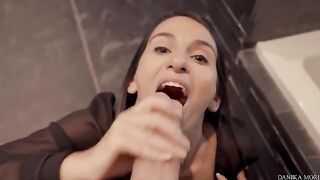 Extra small brunette Danika Mori shakes huge cock