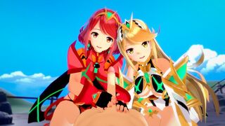 Mythra and Pyra enjoy a threesome with an unexpected participant in this 3D hentai