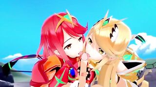 Mythra and Pyra enjoy a threesome with an unexpected participant in this 3D hentai
