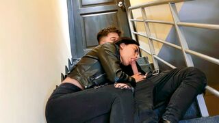 A hot chick is fucking on the stairs of her house