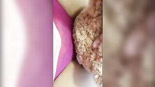 A girl is humping a teddy bear because it has a big cock