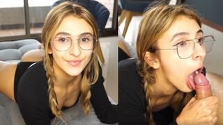 The cute girl took a huge dick in her throat and got a warm throat pie