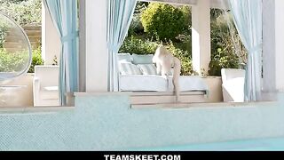 Skinny teen Lola Fae does yoga by the pool and gets fucked