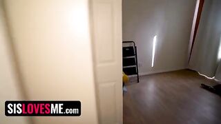 Hot step sister distrupts her online show because of an unexpected visit