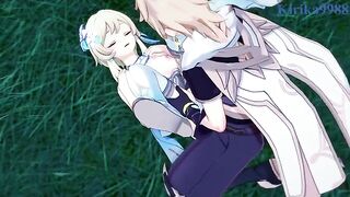 Aether and Futa Lumine have intense sex in the meadow at night - Genshin Impact Hentai