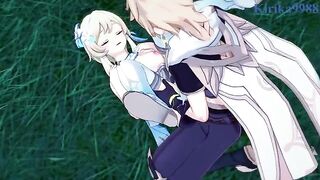 Aether and Futa Lumine have intense sex in the meadow at night - Genshin Impact Hentai