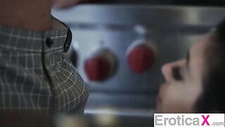 A very hot couple have sensual sex right in the kitchen