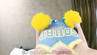 Cute blondie cheerleader gets her face covered with cum
