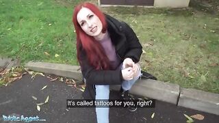 Redhead British girl shows her pierced tits on the street for money - Public Agent