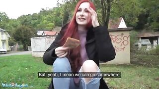 Redhead British girl shows her pierced tits on the street for money - Public Agent