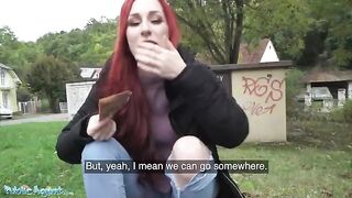 Redhead British girl shows her pierced tits on the street for money - Public Agent