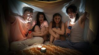 Two naughty boys scared and fucked their girlfriends in a spine-tingling swap