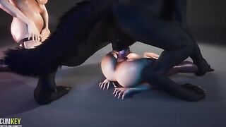 Cute girls are being fucked by a big cock monster werewolf