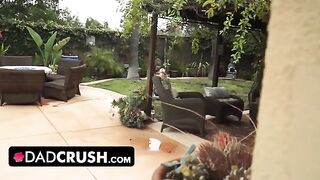 Fit babe lets pervert stepdad finger and fuck her outdoors by the pool