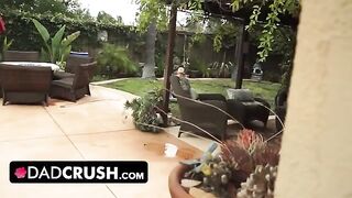 Fit babe lets pervert stepdad finger and fuck her outdoors by the pool