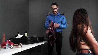 The TSA agent found a toy in the luggage and had to fuck with him