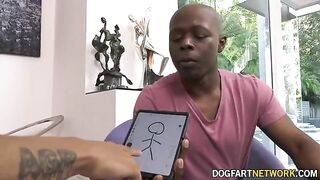 Dee Williams, the landlord with big tits, gets two black cocks as rent