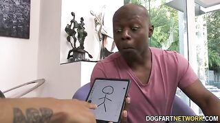 Dee Williams, the landlord with big tits, gets two black cocks as rent
