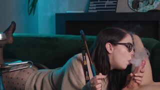 A girl with glasses gets her pussy eaten and fucks in 69 position