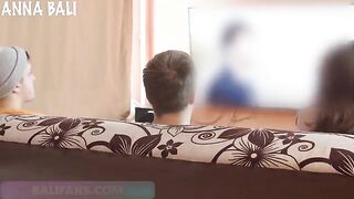 A babe has a risky sex with her lover on the couch