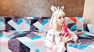 A cute girl in cow costume fucked in all her holes with fake cum