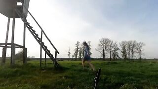 A Chihuahua was fucked outdoors on a hunting podium