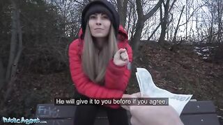 Busty brunette Dominno gets fucked by Public Agent in hotel room for cash