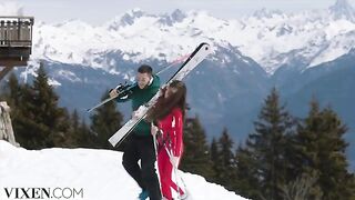 A young girl is having fun with a guy in the Alps