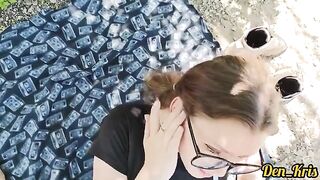 Cute schoolgirl's face covered with warm sperm in her hair