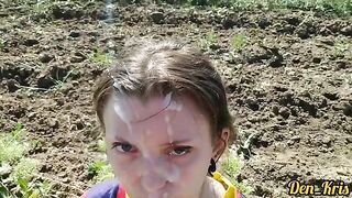 Cute schoolgirl's face covered with warm sperm in her hair