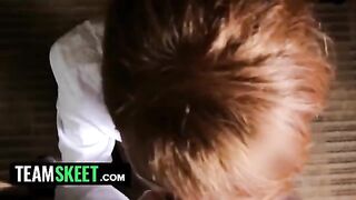 The red-haired housekeeper, Abbey Rain, drops to her knees and swallows a huge cock