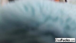 The beautiful blonde girl, Elsa Jean, rubs her pussy and reaches orgasm in a sensual solo scene