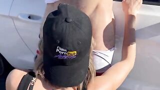 A hotwife gets fucked by two guys on the Nevada desert road in a risky public encounter