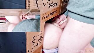A girl with a tight pussy was fucked through the glory hole three times