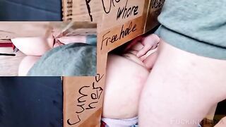 A girl with a tight pussy was fucked through the glory hole three times
