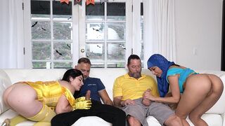 Two hot stepdaughters in costumes getting fucked by their Dads