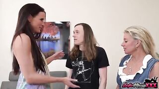 Two mature step moms share their young step sons in an orgy