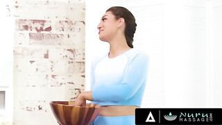 Bella Rolland, busty masseuse, gets fucked by pervert landlord in oil