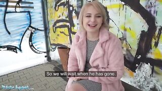 Blonde teen with short hair gets picked up by Public Agent at the bus stop