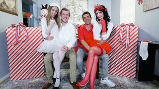 Two cute stepdaughters, Kyler Quinn and Alice Pink, dressed in costumes, get into a steamy situation