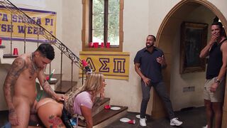 Busty milf housekeeper gets rough gangbang and bukkake at college frat in intense scene