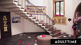 Busty milf housekeeper gets rough gangbang and bukkake at college frat in intense scene
