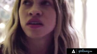 A popular girl consoles her bullied friend in the bathroom, turning it into a steamy session