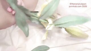 A girl put flowers in her ass while masturbating with a Japanese toy
