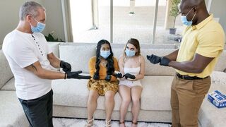 Two young babes get their pussies washed by horny Dads