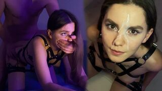 Hot brunette in harness, stunning cum face, pure gold!