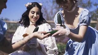 A petite girl, Riley Reid, has a threesome with her friend Lena The Plug in the park