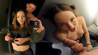 A hot brunette has sex in the dressing room of a shopping mall