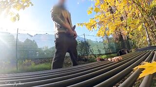 A pervert flashes his dick in the park and a horny milf follows him