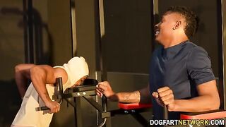 Kay Carter gets fucked by two BBCs in the gym
